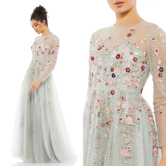 Mac Duggal Dresses & Skirts - NWT Mac Duggal Embroidered Illusion High Neck Long Sleeve A Line Gown Size 14